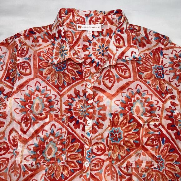 Jude Connally Callie Tunic Top Size S Orange Floral Long Sleeve Button Up Artsy - Picture 3 of 13